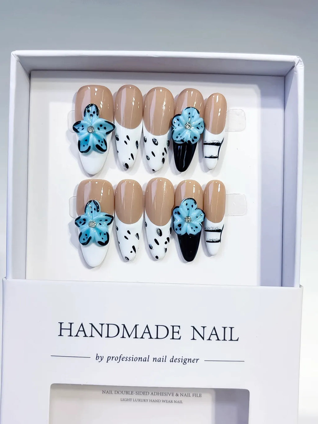 Nude Blue Black White Floral Flower Animal Print press on nails full set view