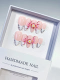 Pink White Black Floral Flower press on nails