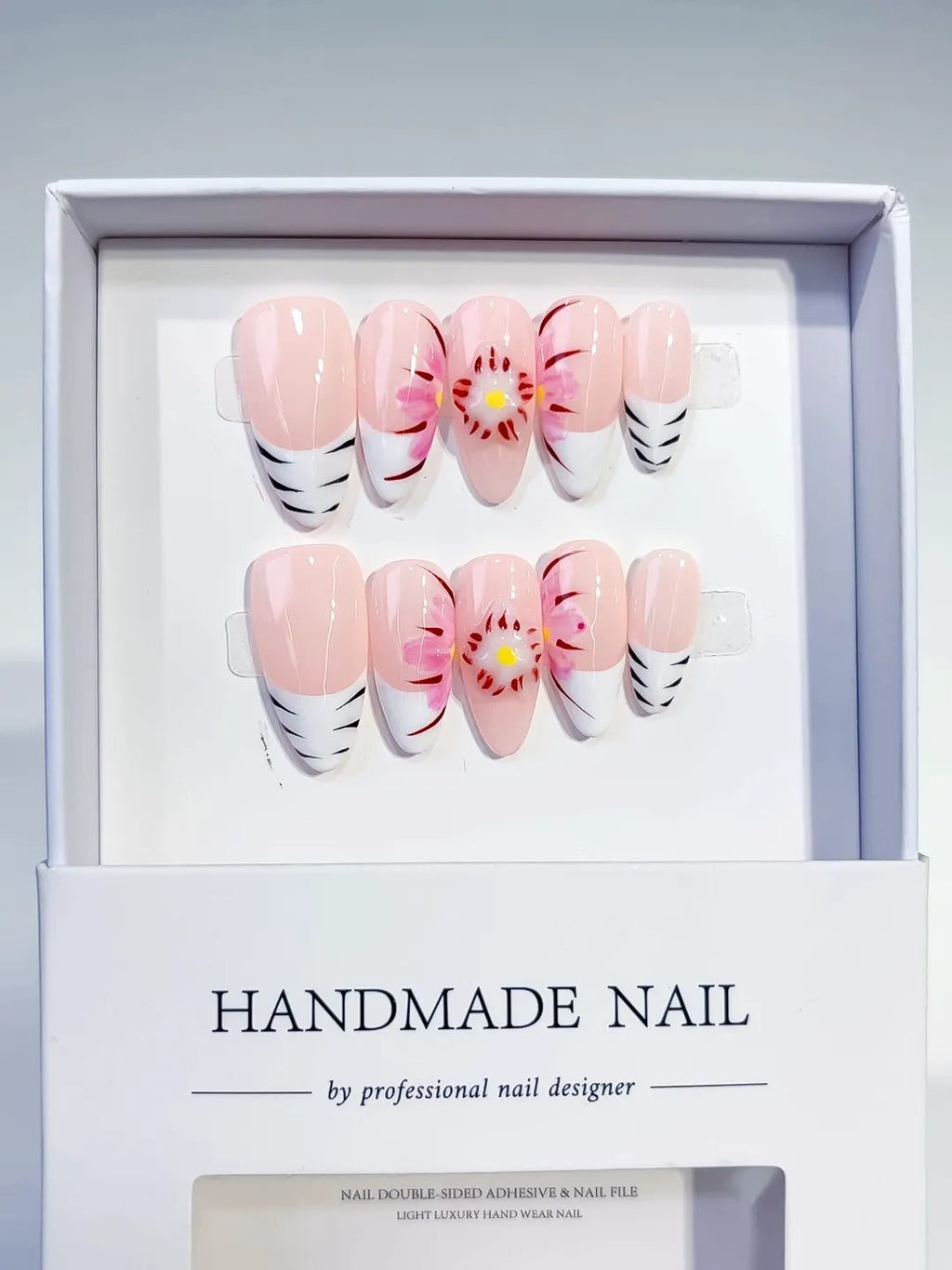 Pink White Black Floral Flower press on nails full set view