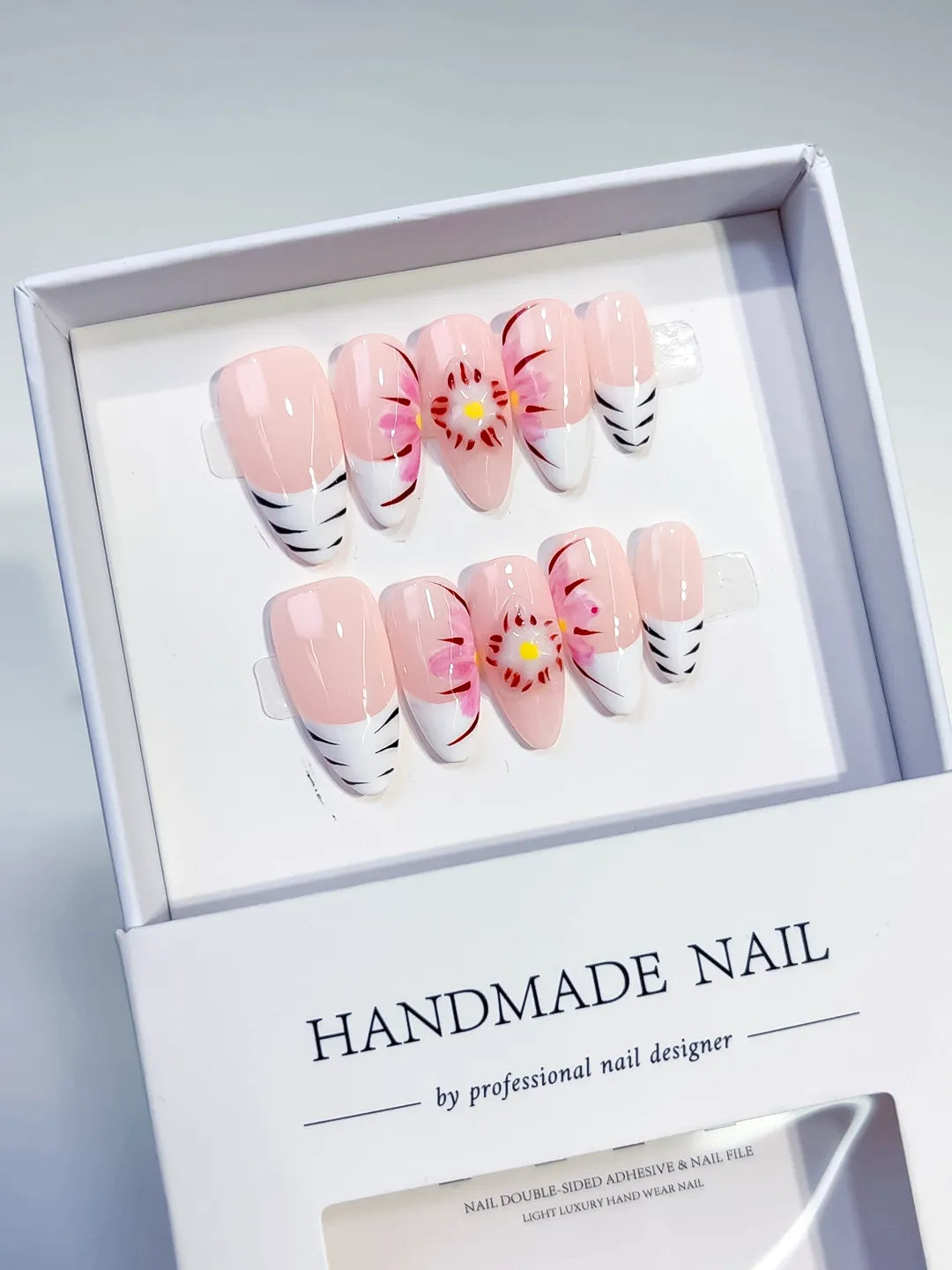 Pink White Black Floral Flower press on nails detail view