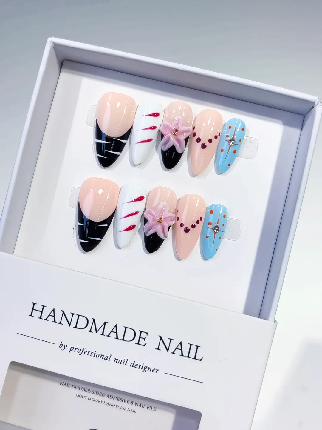 Nude Black Blue Pink Abstract Flower Bead press on nails