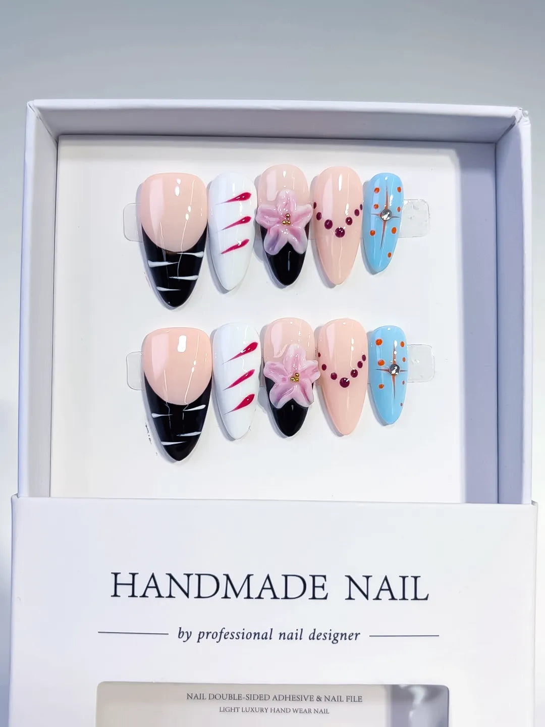 Nude Black Blue Pink Abstract Flower Bead press on nails full set view