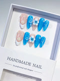 Blue Nude White Floral Flower press on nails
