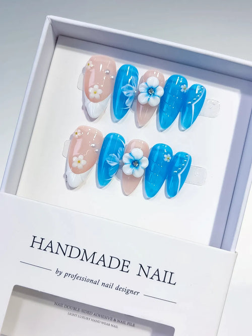 Blue Nude White Floral Flower press on nails