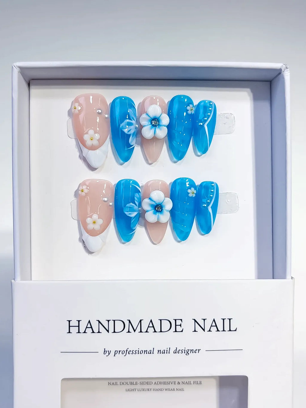 Blue Nude White Floral Flower press on nails full set view