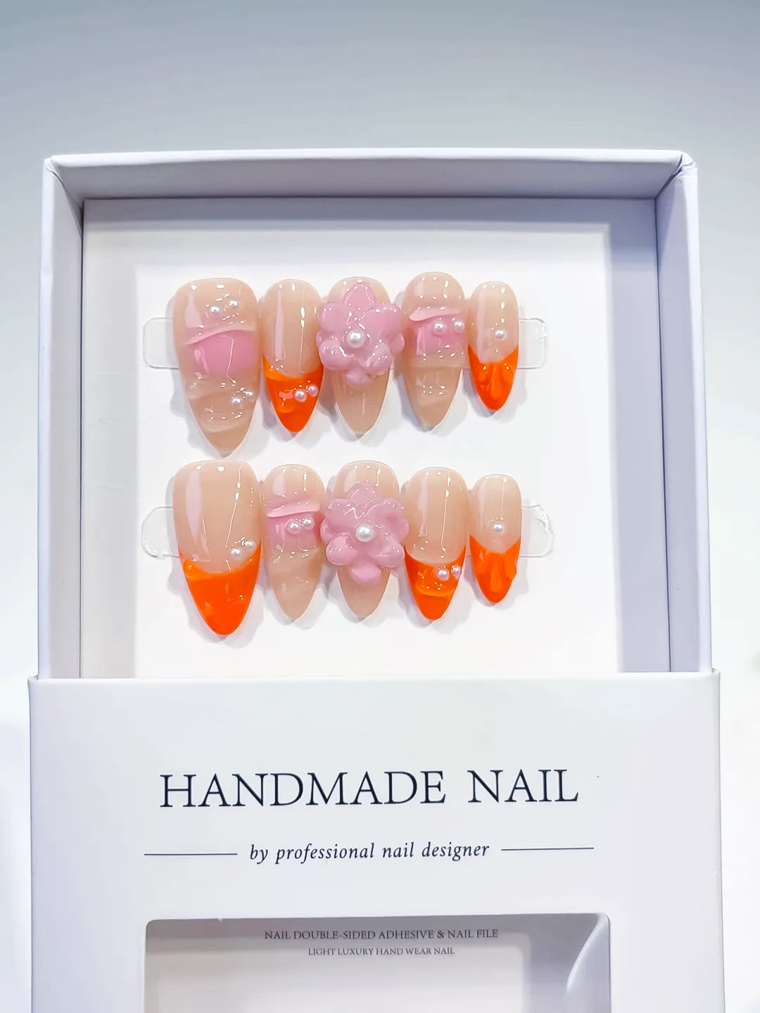 Nude Orange Pink French tip Flower Pearl press on nails full set view