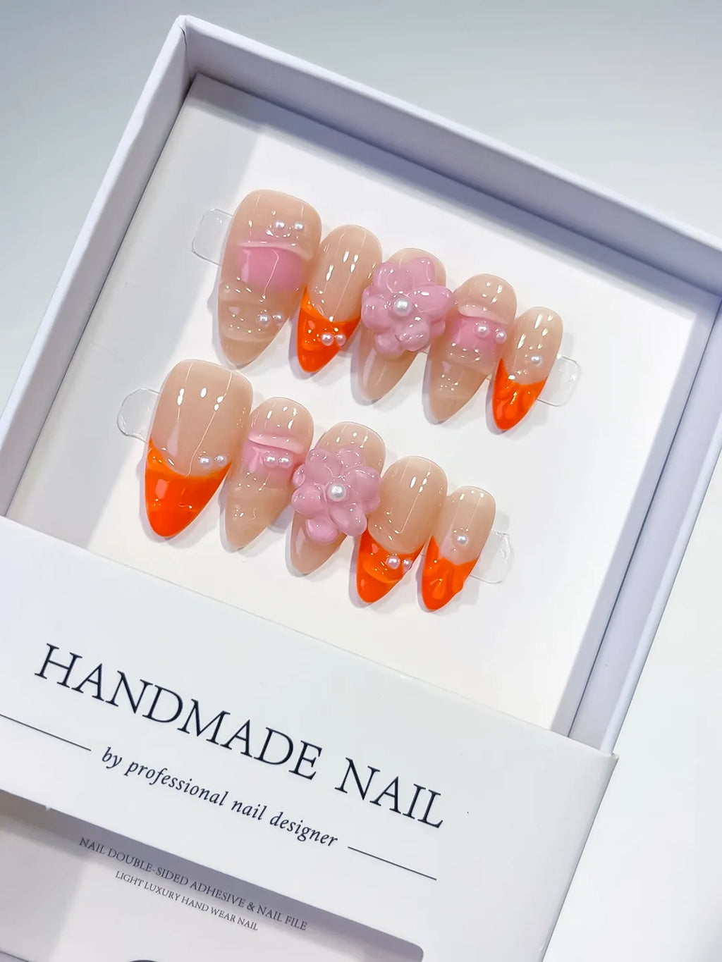 Nude Orange Pink French tip Flower Pearl press on nails