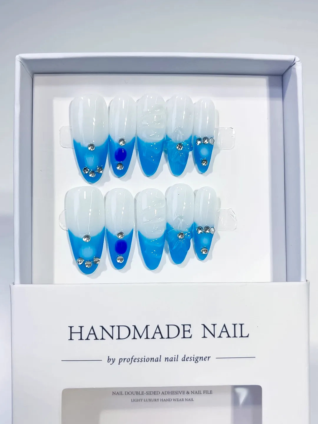White Blue Ombre Rhinestone press on nails angled view