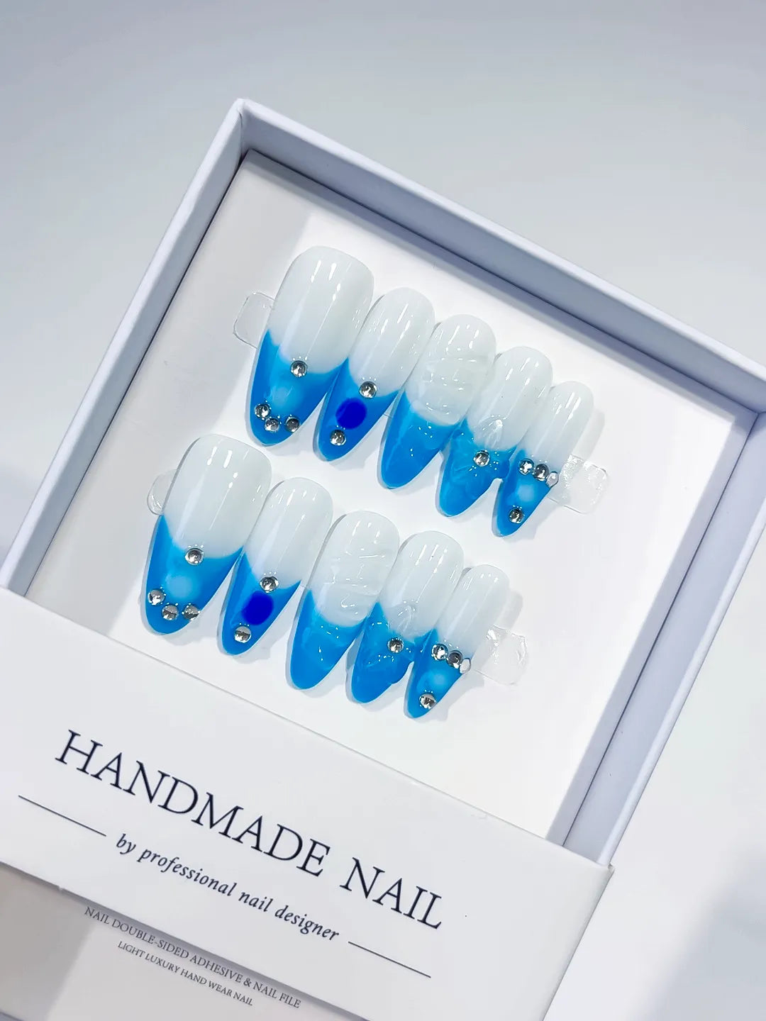 White Blue Ombre Rhinestone press on nails