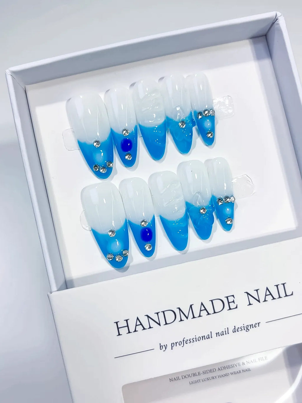 White Blue Ombre Rhinestone press on nails full set view