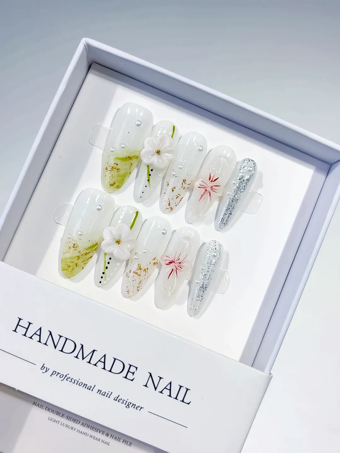 White Green Silver Floral Flower Glitter press on nails