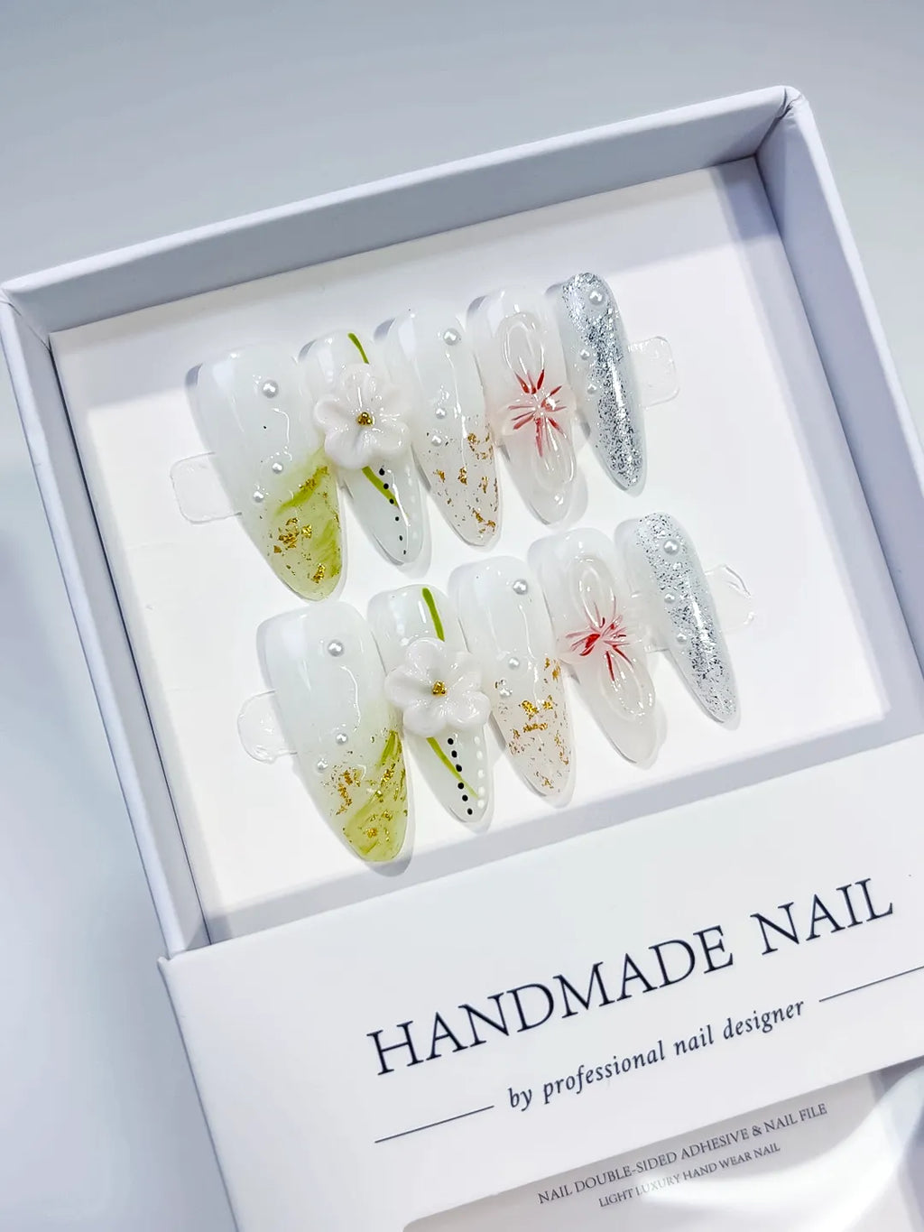 White Green Silver Floral Flower Glitter press on nails angled view