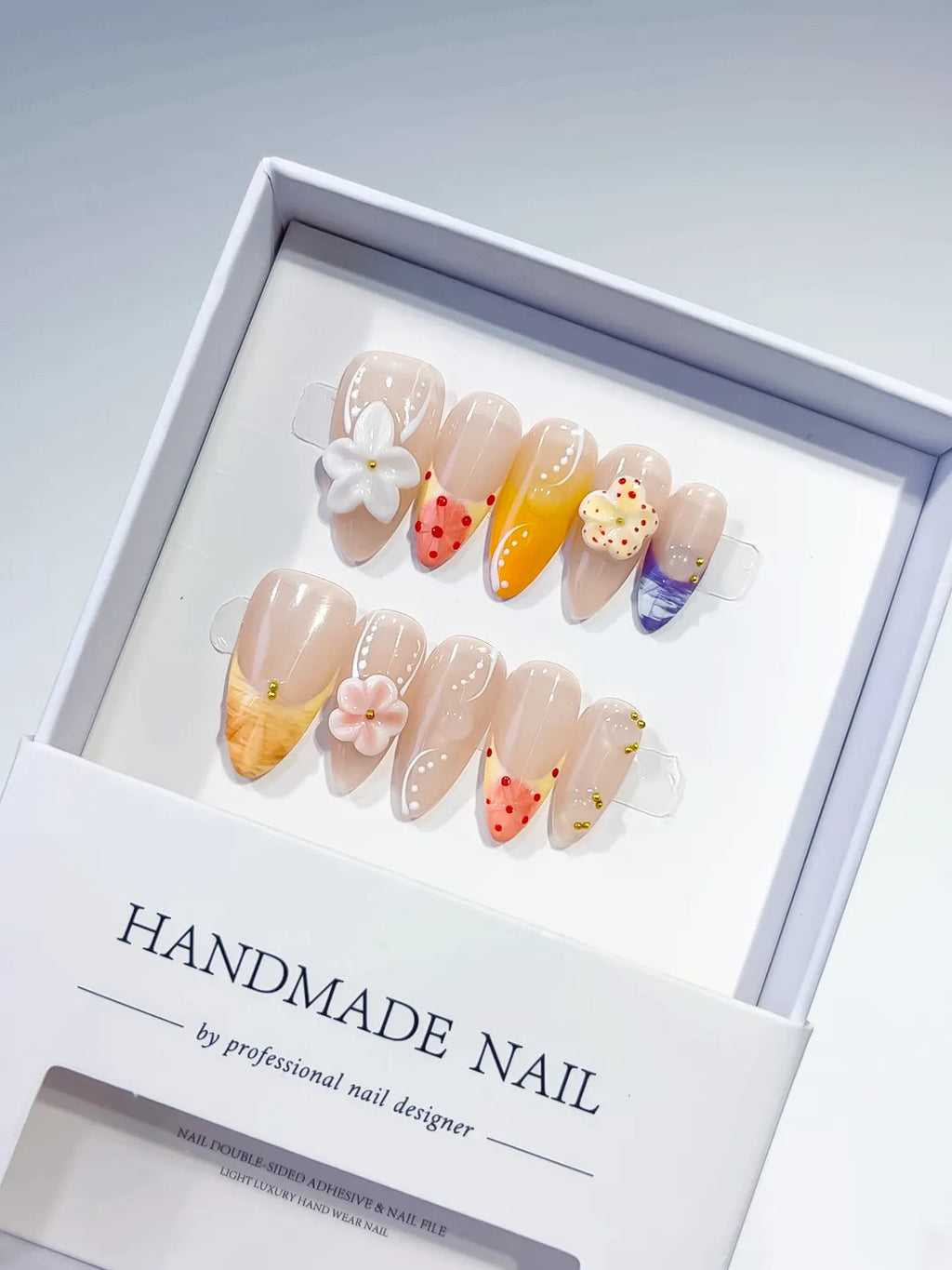Nude Orange Purple Abstract Flower Dot Pattern press on nails