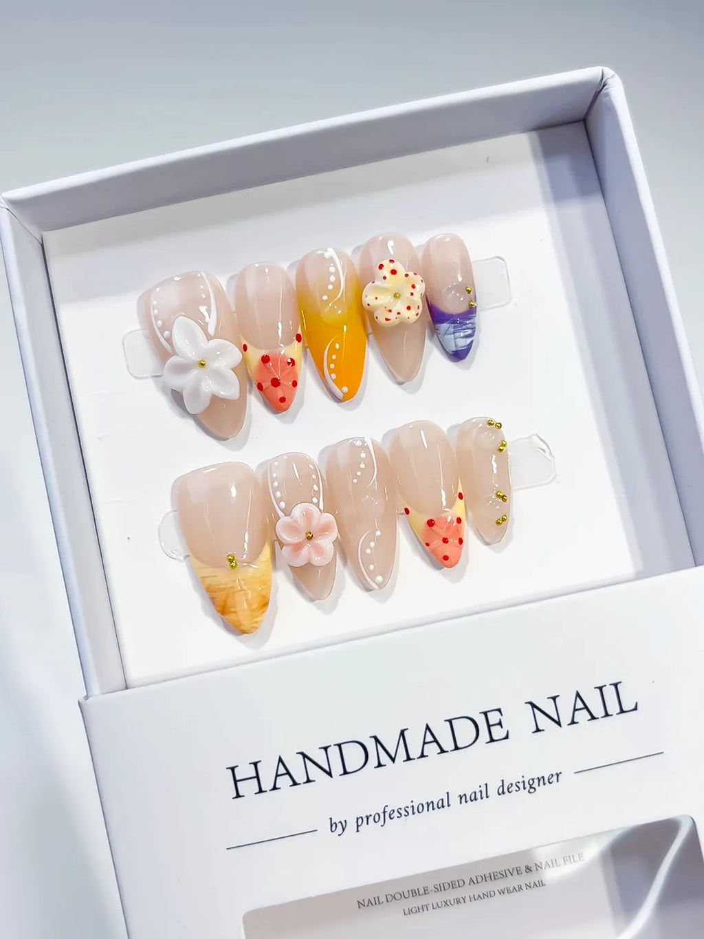 Nude Orange Purple Abstract Flower Dot Pattern press on nails angled view
