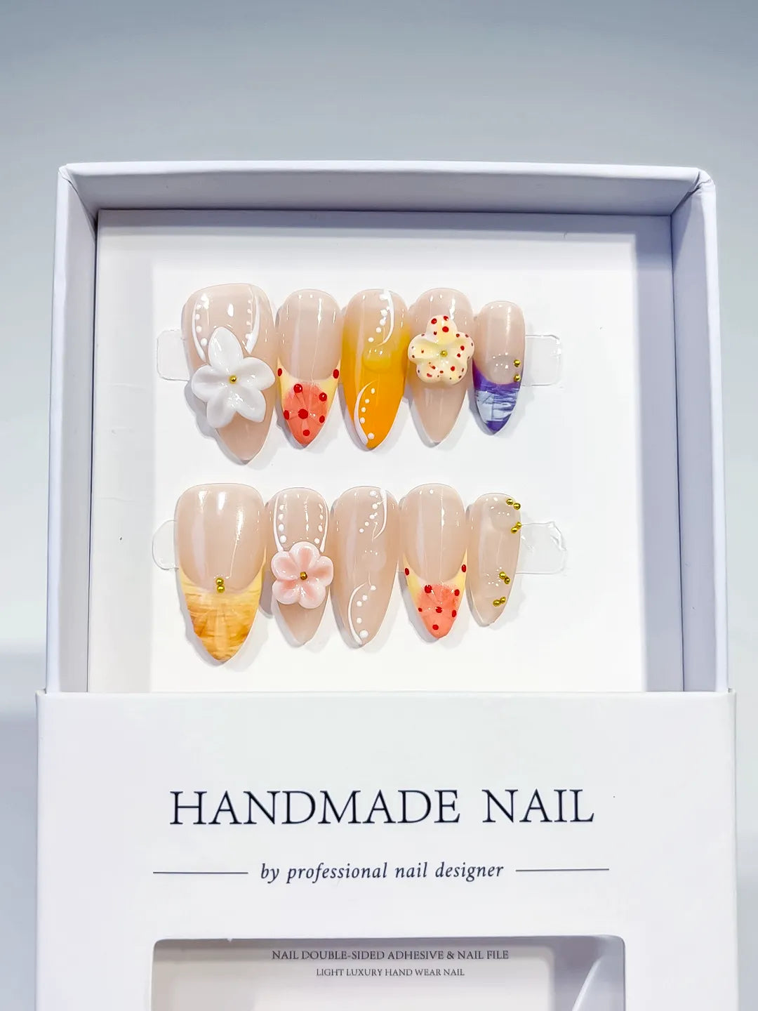 Nude Orange Purple Abstract Flower Dot Pattern press on nails full set view