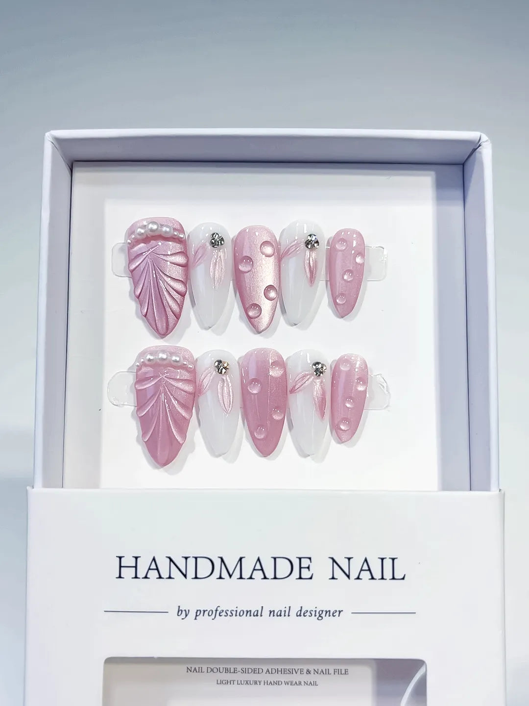Pink White Holographic Embossed Pearl Rhinestone press on nails full set view