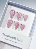 Pink White Holographic Embossed Pearl Rhinestone press on nails