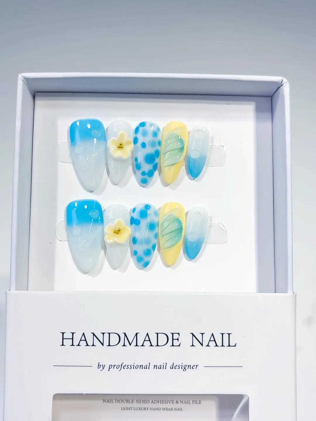 Blue White Yellow Abstract Flower Dot Pattern press on nails angled view