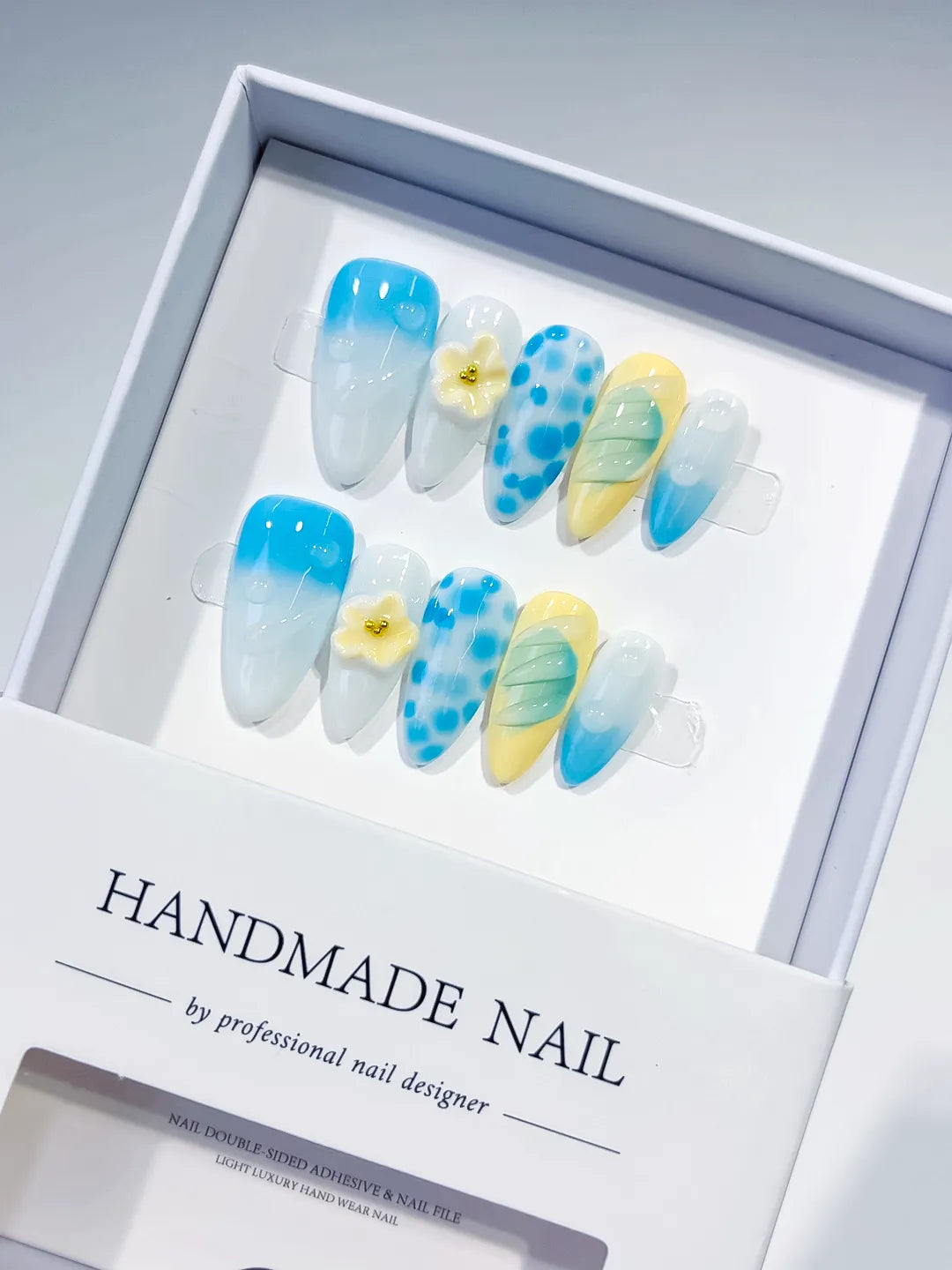 Blue White Yellow Abstract Flower Dot Pattern press on nails