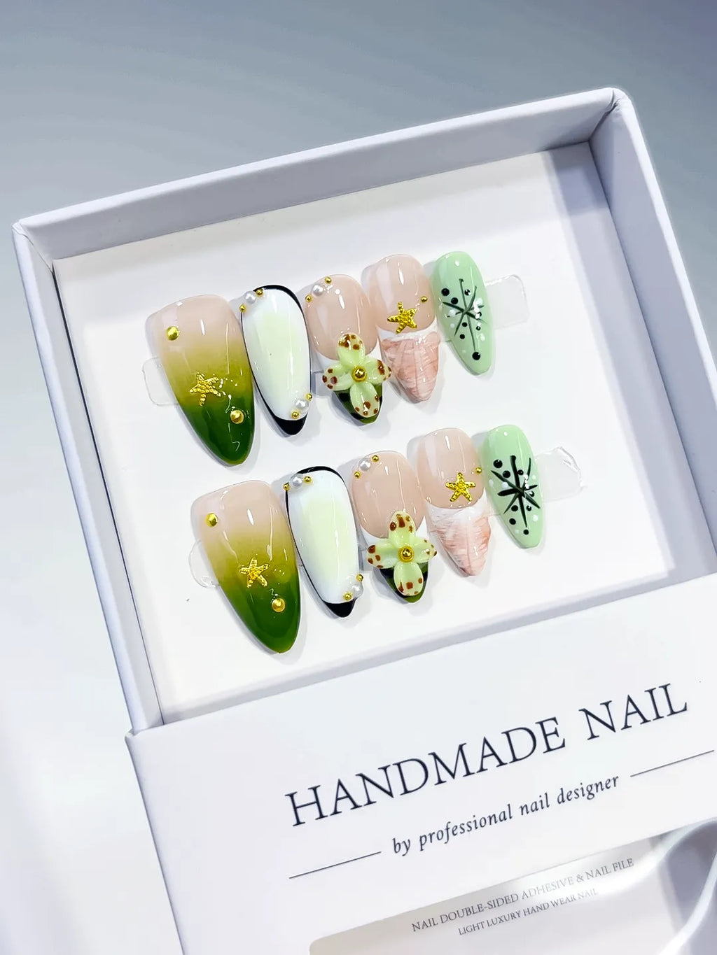 Green Nude Black Abstract Flower Star press on nails full set view
