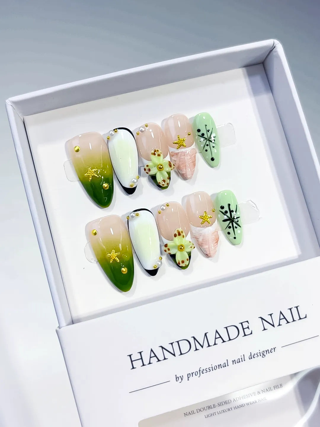Green Nude Black Abstract Flower Star press on nails full set view