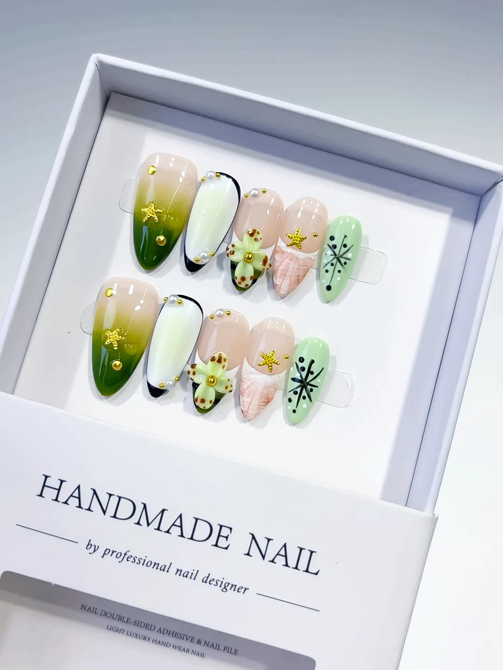 Green Nude Black Abstract Flower Star press on nails