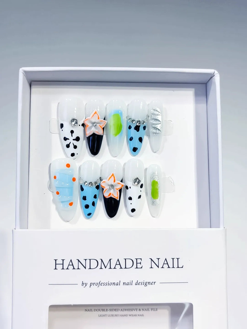 White Blue Black Green Abstract Flower Dot Pattern Rhinestone press on nails full set view