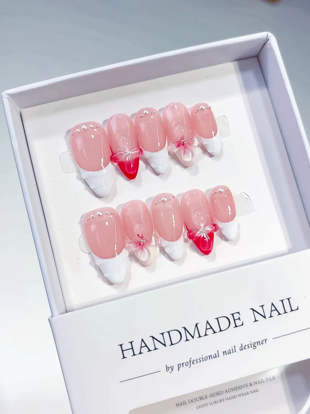 Pink White Red French tip Bow Flower Pearl press on nails detail view