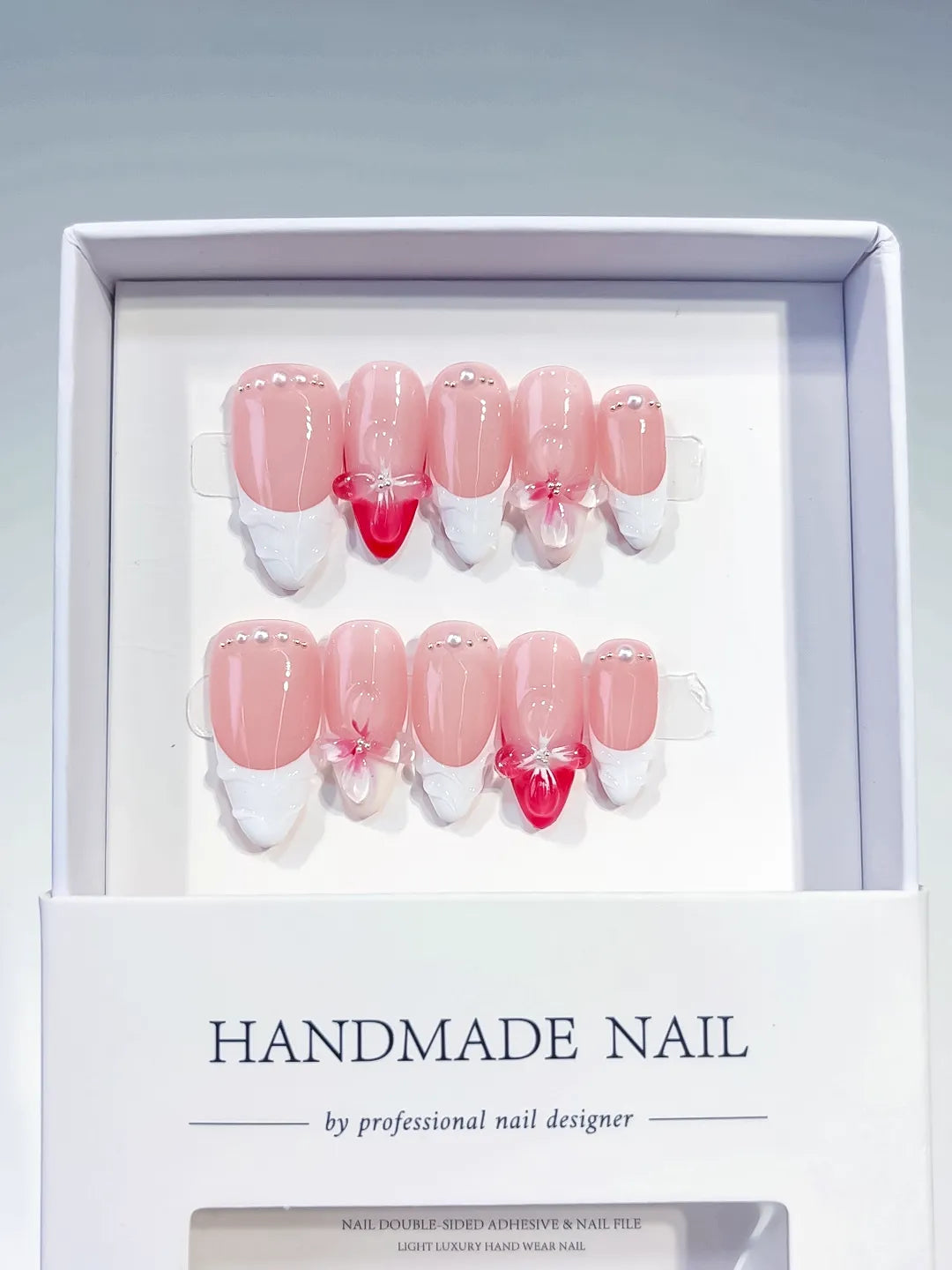 Pink White Red French tip Bow Flower Pearl press on nails detail view
