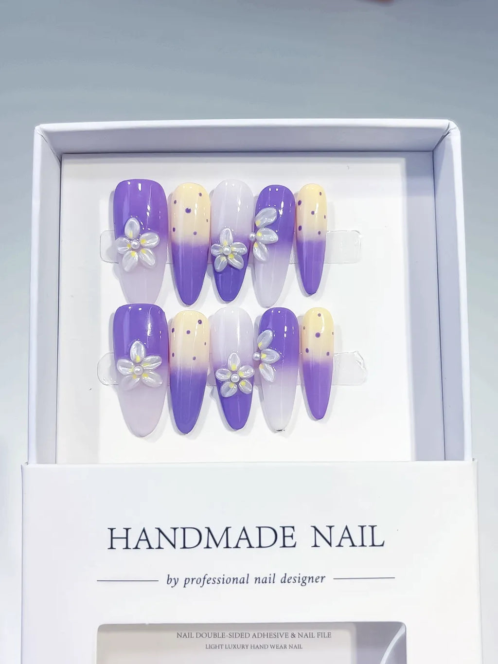 Purple White Yellow Ombre Flower Dot Pattern press on nails angled view