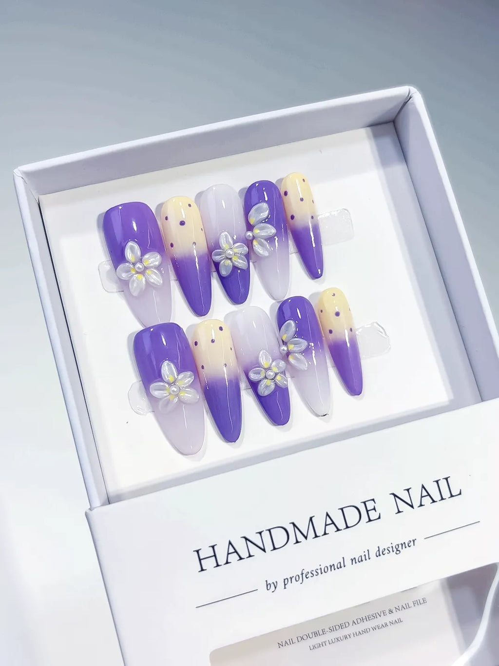 Purple White Yellow Ombre Flower Dot Pattern press on nails full set view
