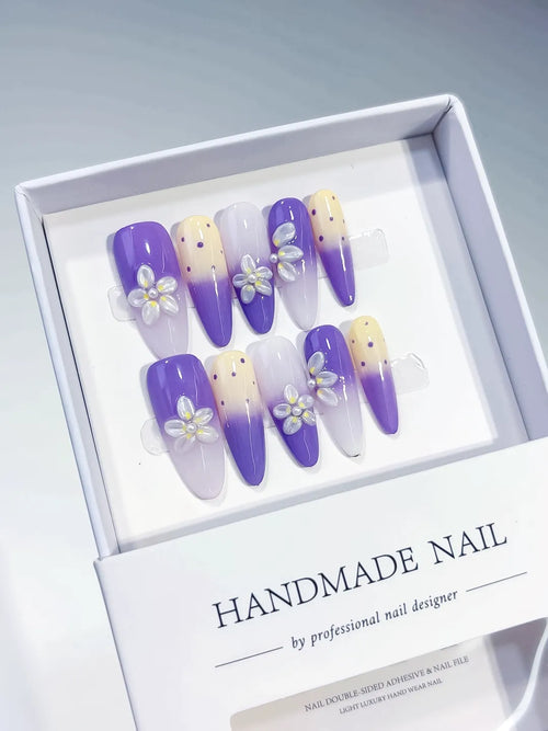 Purple White Yellow Ombre Flower Dot Pattern press on nails full set view