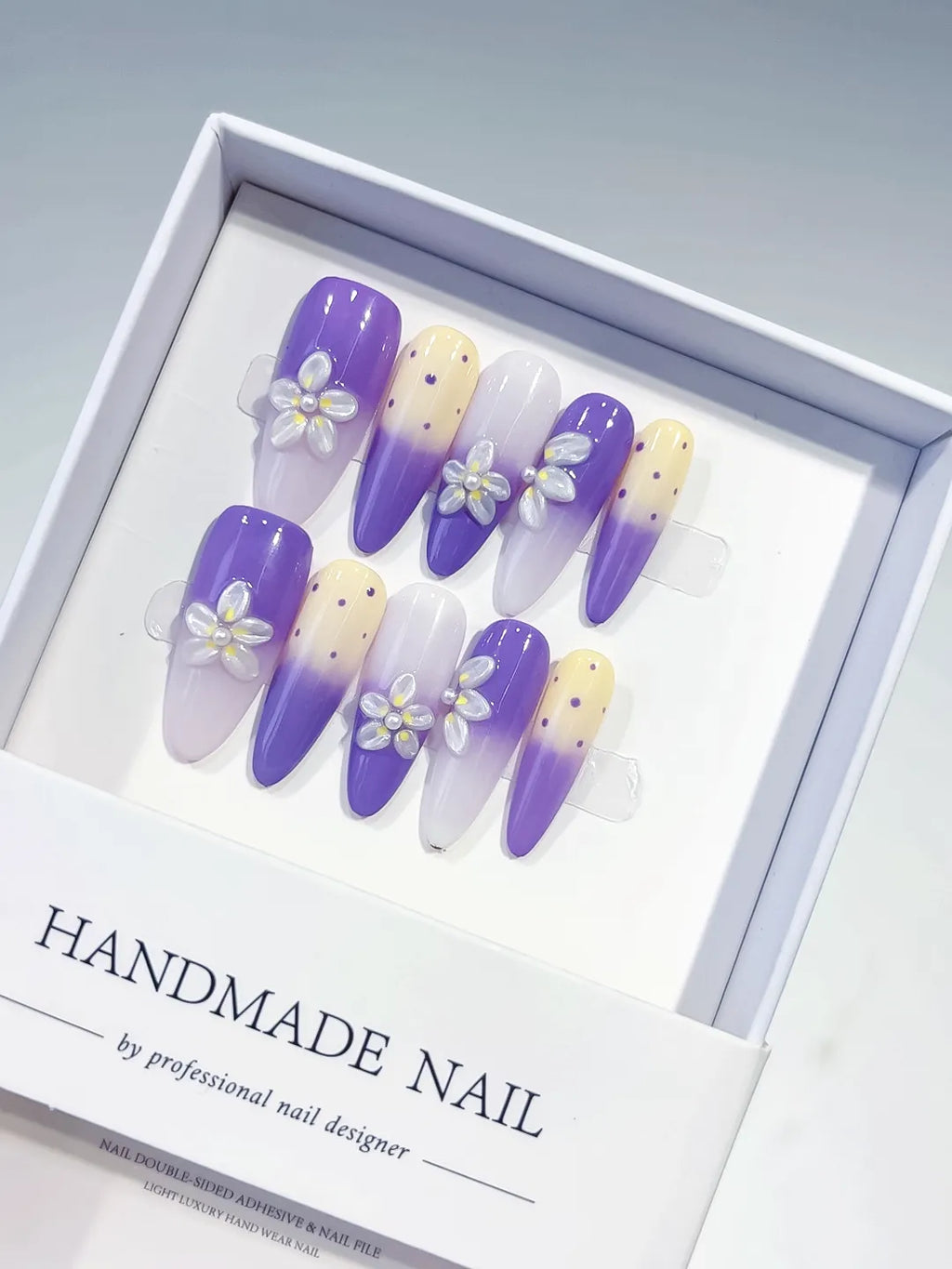 Purple White Yellow Ombre Flower Dot Pattern press on nails