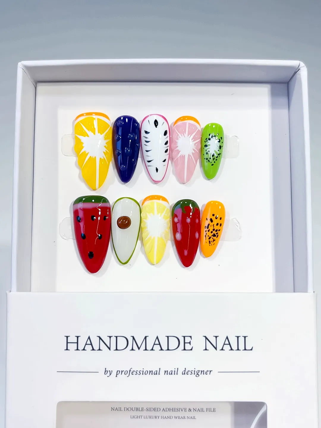 Yellow Red Green Orange Pink Abstract Fruit press on nails full set view