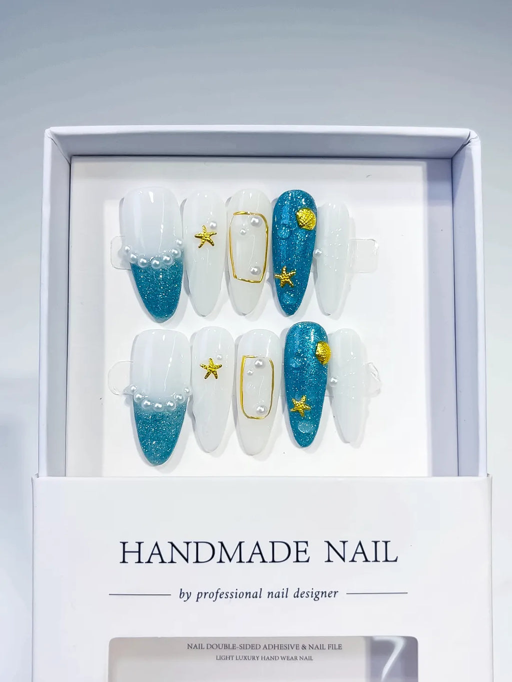 Blue White Gold Glitter Starfish Shell Pearl press on nails full set view