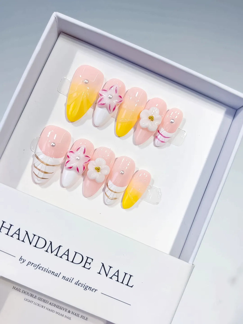 Pink White Yellow French tip Flower Line Art press on nails