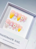 Pink White Yellow French tip Flower Line Art press on nails