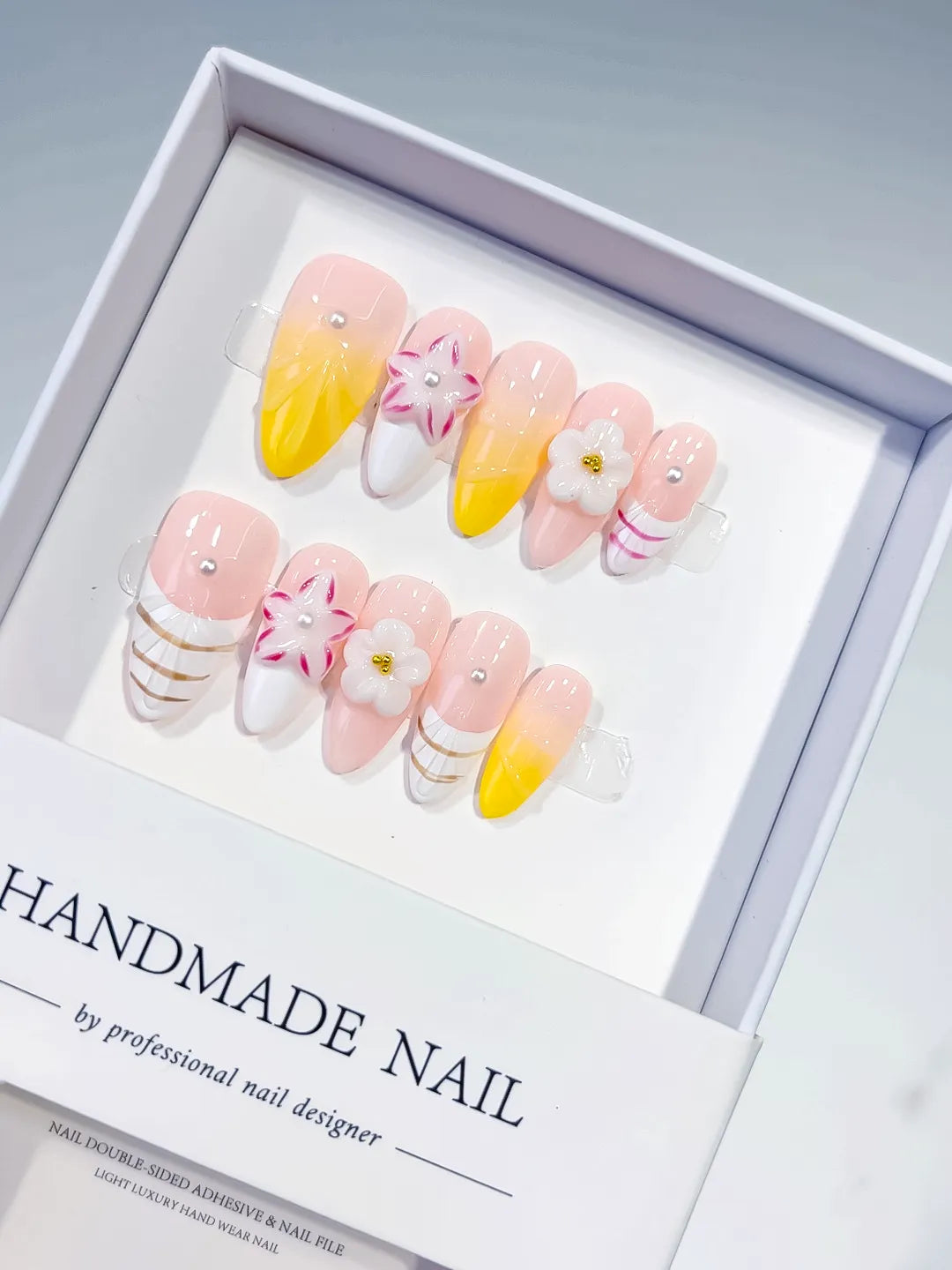 Pink White Yellow French tip Flower Line Art press on nails