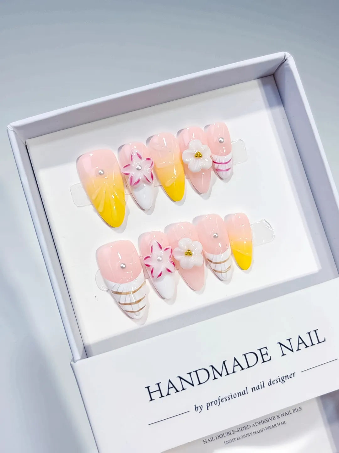 Pink White Yellow French tip Flower Line Art press on nails full set view