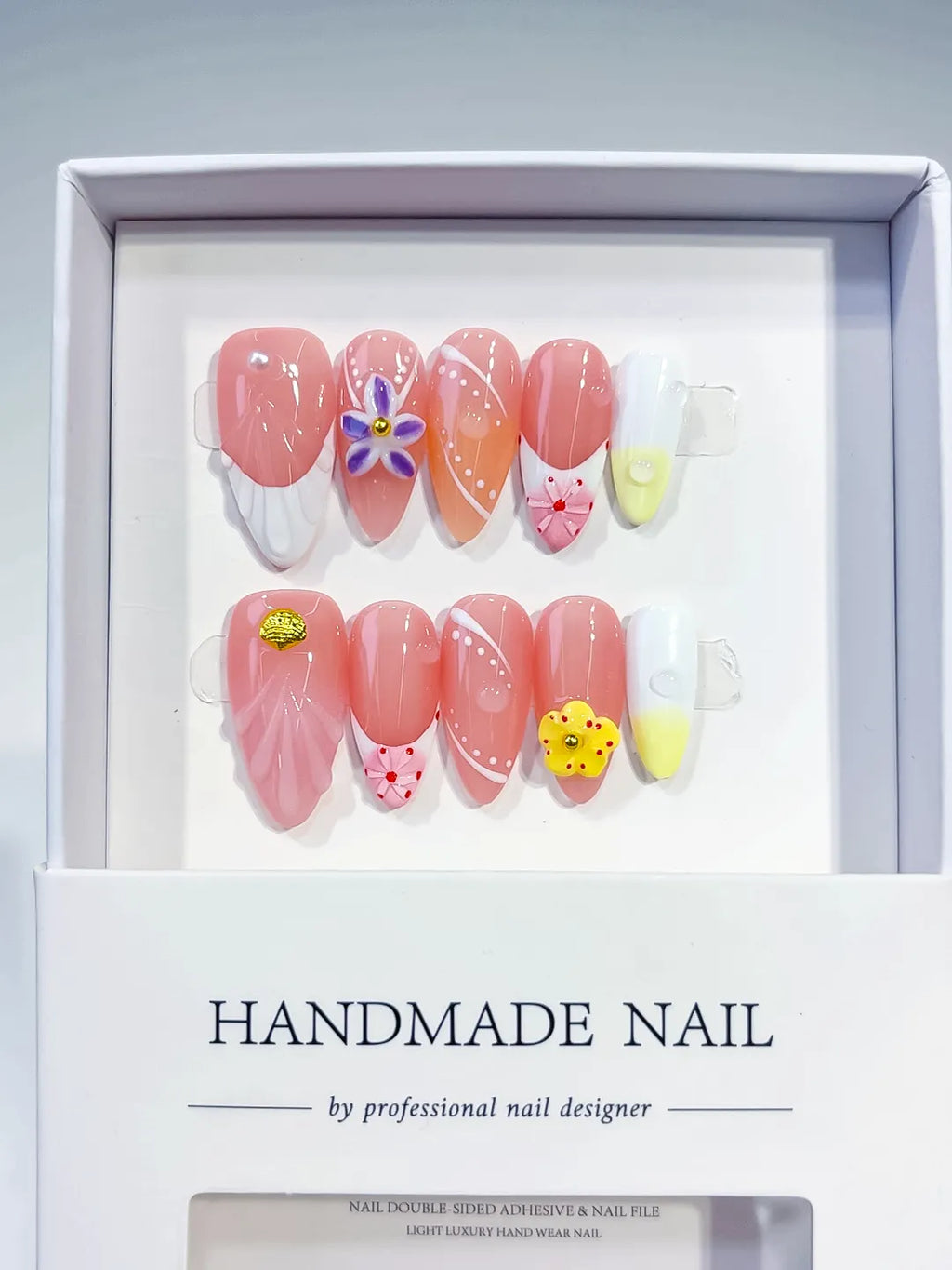 Pink White Yellow Floral Flower Line Art press on nails full set view