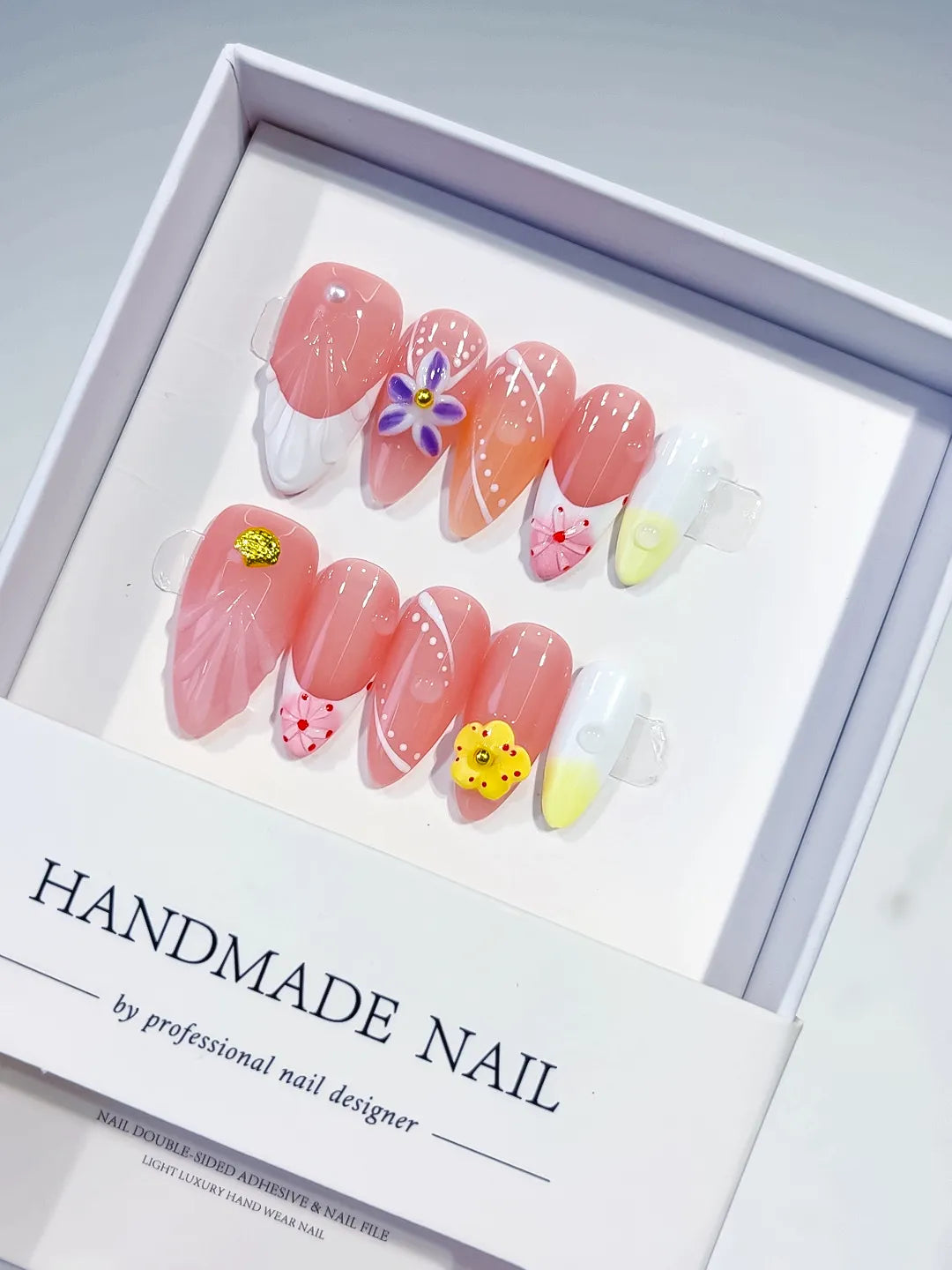 Pink White Yellow Floral Flower Line Art press on nails