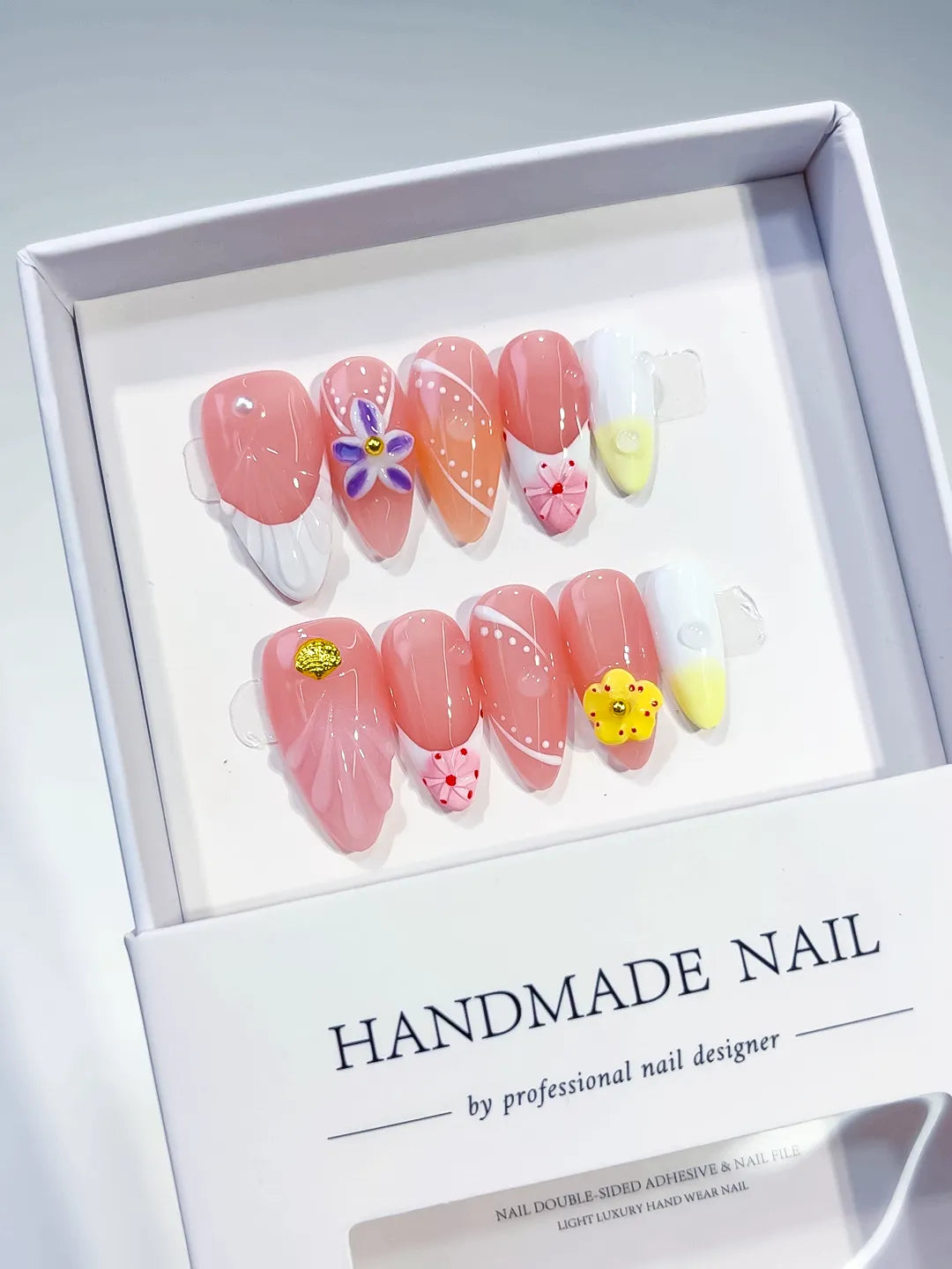 Pink White Yellow Floral Flower Line Art press on nails angled view