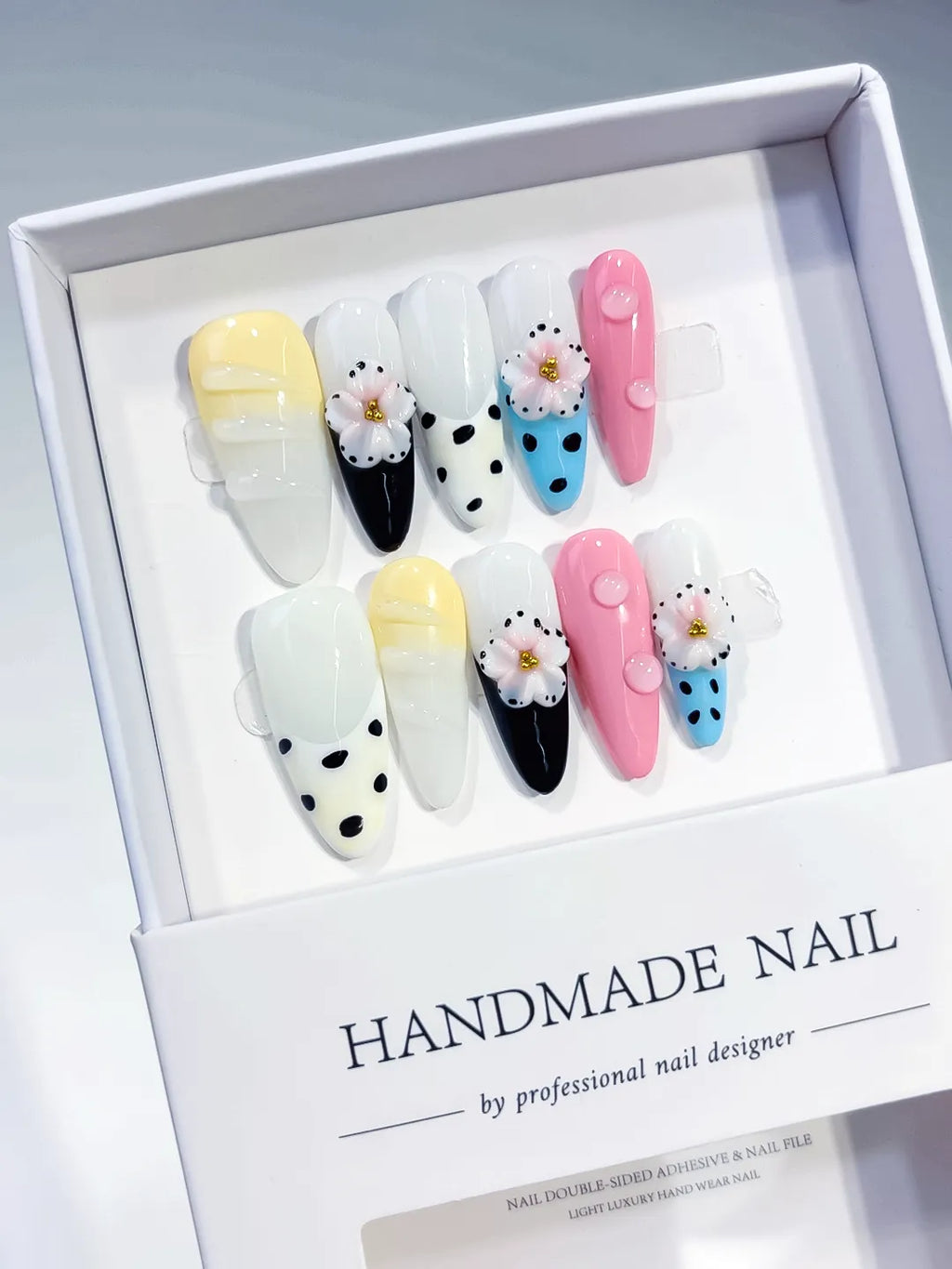 White Yellow Pink Blue Black Abstract Flower Dot Pattern press on nails full set view