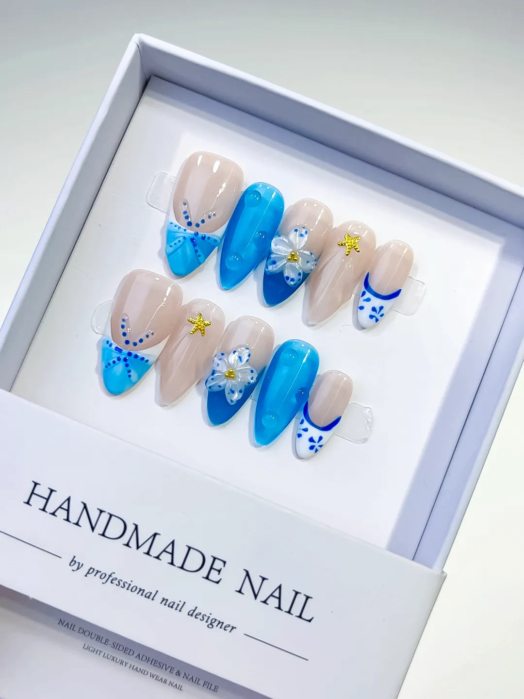 Nude Blue French tip Flower Star press on nails