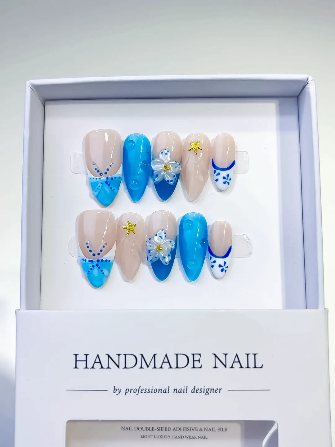 Nude Blue French tip Flower Star press on nails full set view