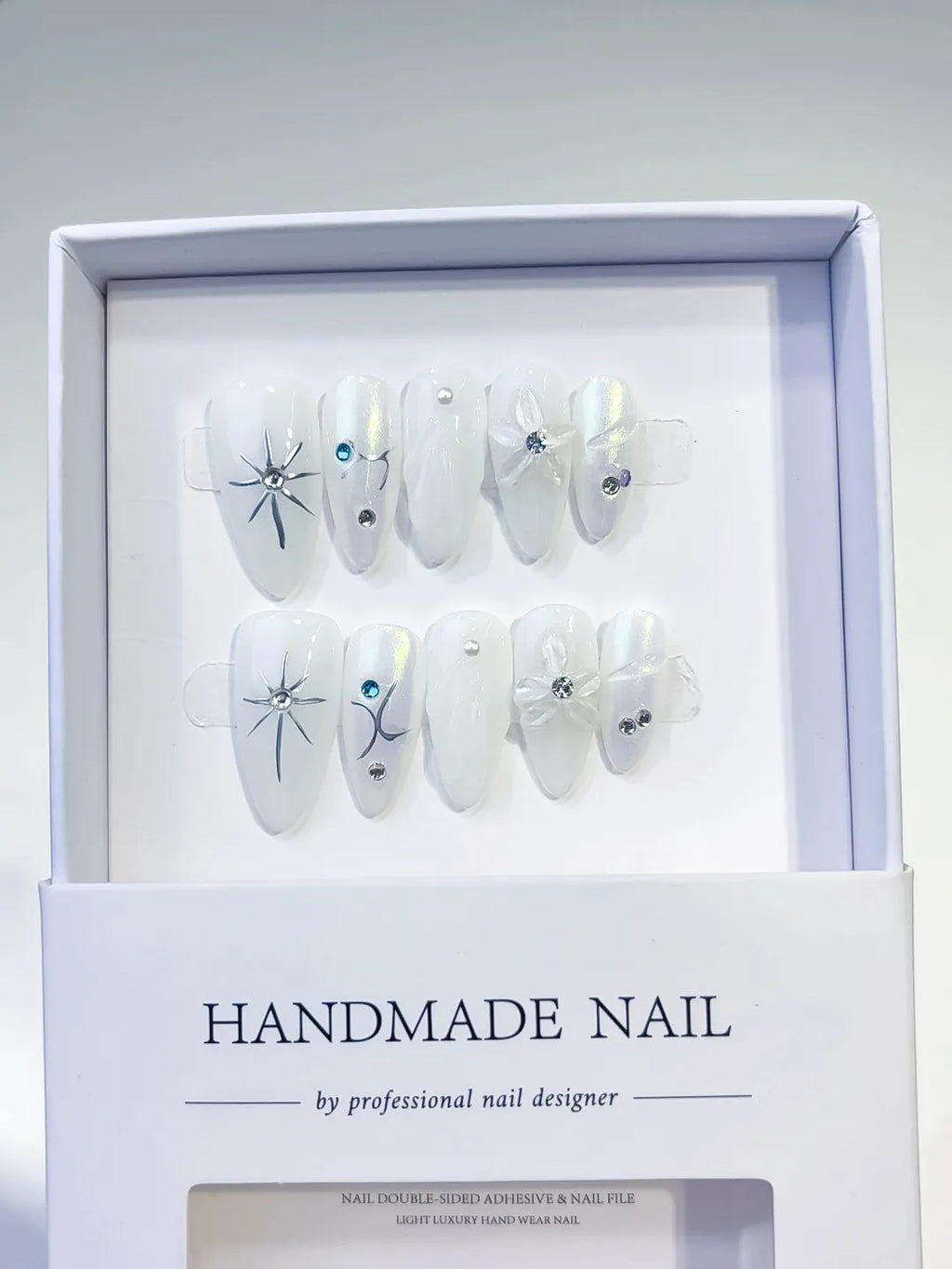 White Holographic Bow Star Rhinestone press on nails full set view