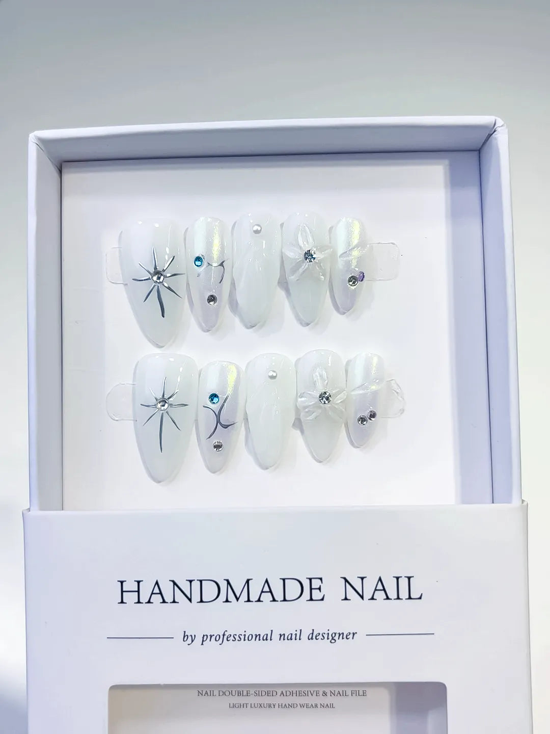 White Holographic Bow Star Rhinestone press on nails full set view