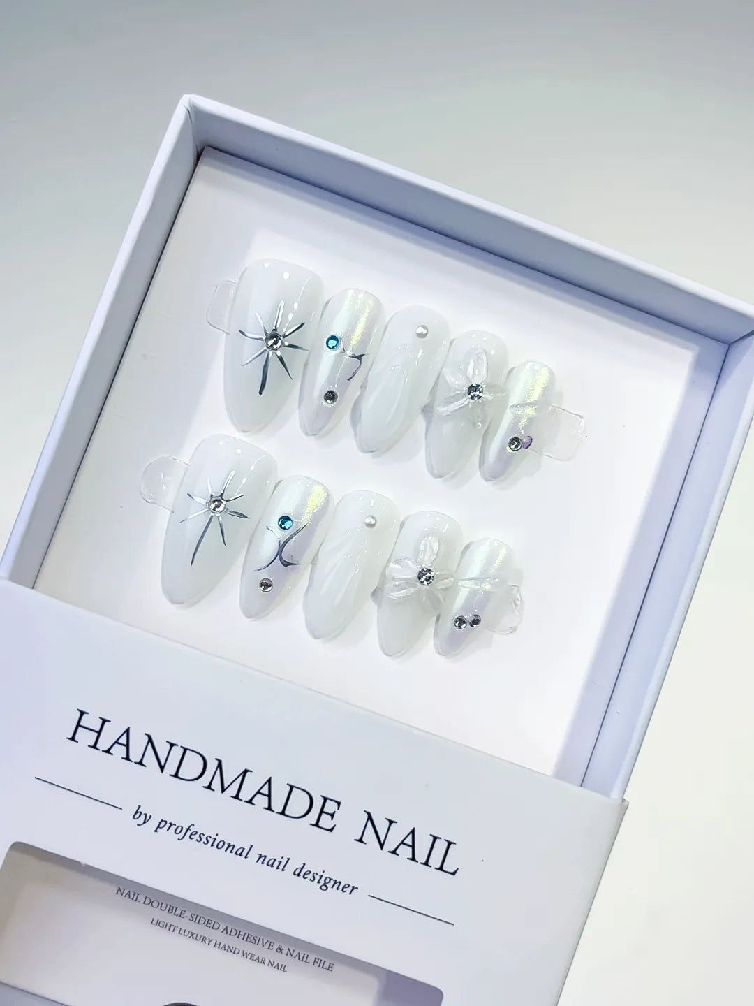 White Holographic Bow Star Rhinestone press on nails