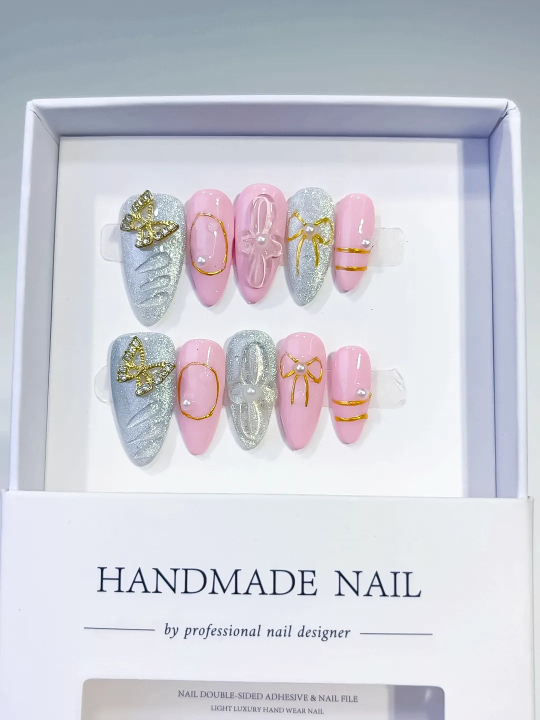 Pink Silver Glitter Bow Metallic Outline press on nails full set view