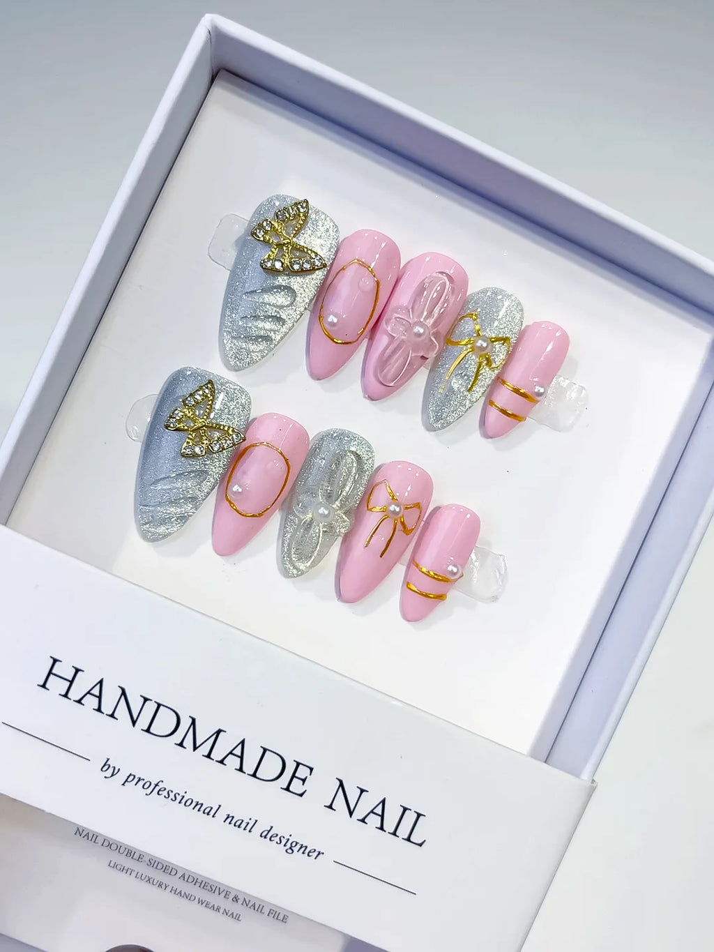 Pink Silver Glitter Bow Metallic Outline press on nails